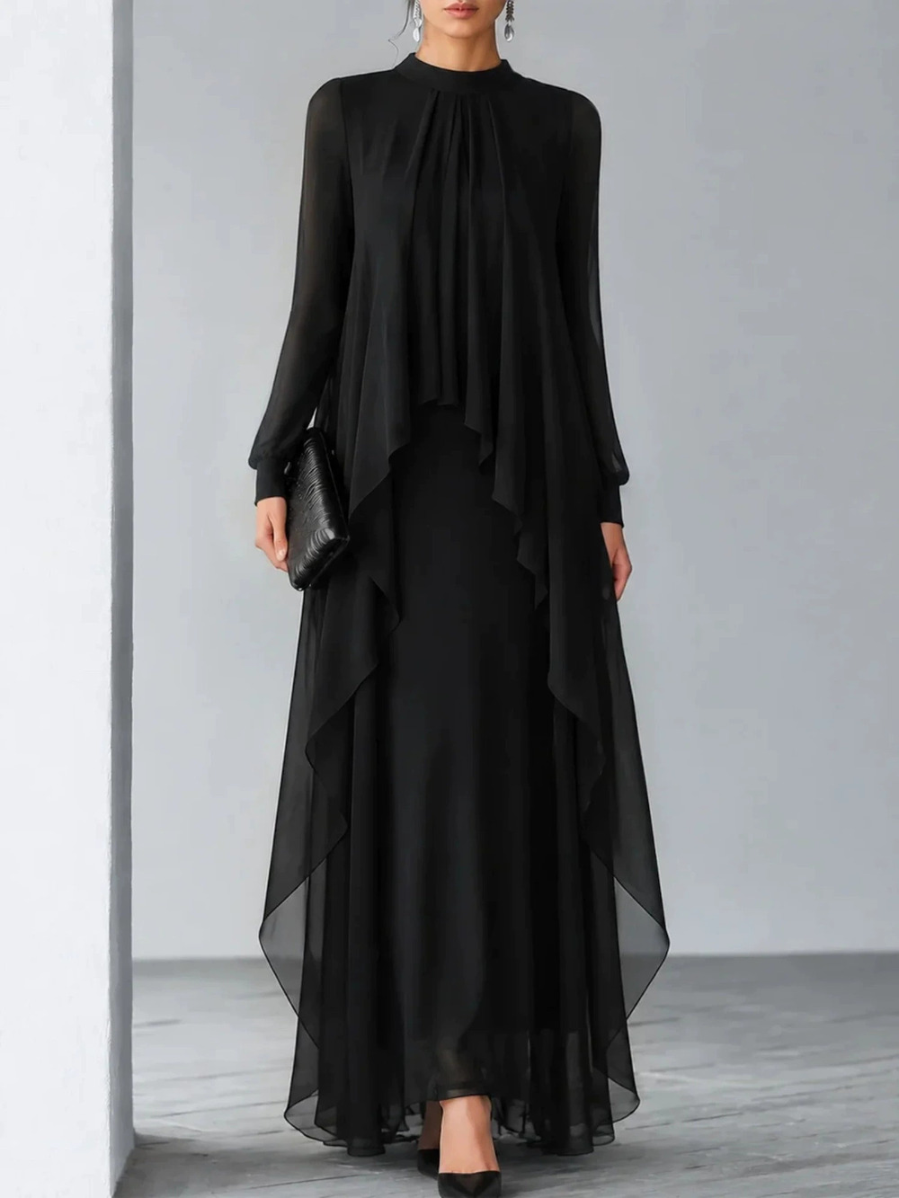 ZARA Black Stand Collar Chiffon Mock Two Piece Evening Dress